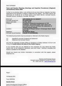 Appeal letter | PA15/02777 | Proposed residential development of 222 dwellings, associated public open space and provision